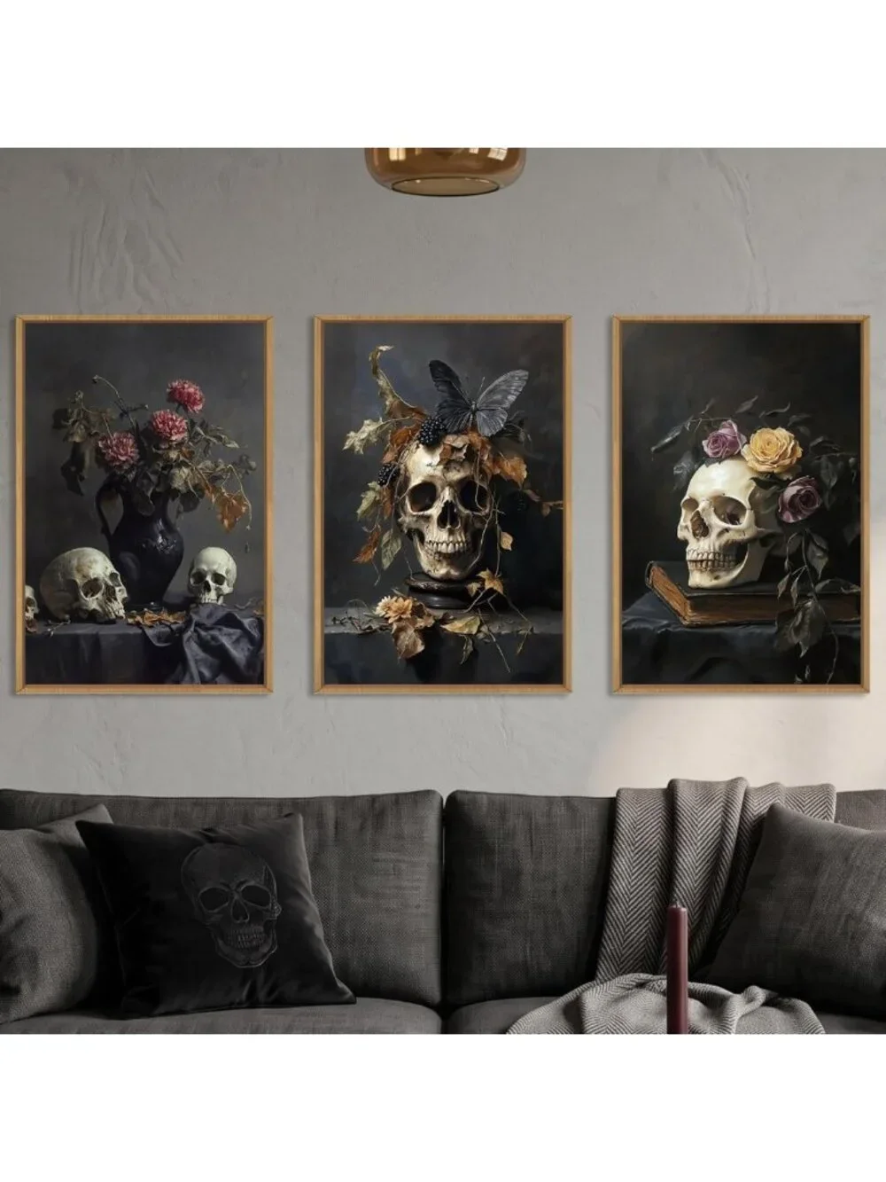 Large Vintage Skull Floral Canvas Wall Art Set - Abstract Skeleton Decor for